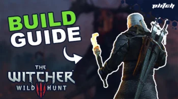 Rear view of a man with white hair and two swords on his back against a dark background with the text 'BUILD GUIDE' and 'THE WITCHER WILD HUNT'