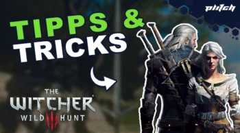Zwei Figuren aus dem Spiel The Witcher 3 Wild Hunt, eine mit zwei Schwertern auf dem Rücken, vor einem unscharfen Hintergrund, darüber der Text 'TIPPS & TRICKS'.