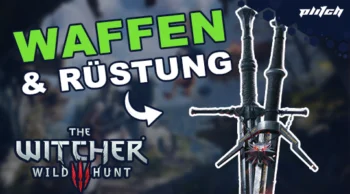 Zwei gekreuzte Schwerter mit schwarzen Griffen vor unscharfem Hintergrund und dem Text 'WAFFEN & RÜSTUNG' sowie dem Logo von 'The Witcher Wild Hunt'