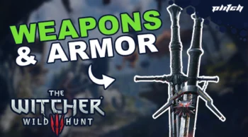 Two crossed swords with black hilts against a blurred background with the text 'WEAPONS & ARMOR' and the 'The Witcher Wild Hunt' logo
