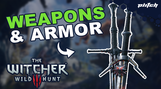Two crossed swords with black hilts against a blurred background with the text 'WEAPONS & ARMOR' and the 'The Witcher Wild Hunt' logo