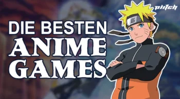 Anime-Figur mit verschränkten Armen neben dem Text 'DIE BESTEN ANIME GAMES' in Großbuchstaben