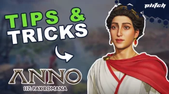 Person wearing a Roman toga with a red cloak, text 'TIPS & TRICKS' and 'ANNO 117: PAX ROMANA' beside them.