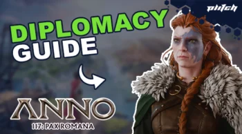 A woman with red braided hair and a fur collar wears brown armor. Text reads 'DIPLOMACY GUIDE' and 'ANNO 117: PAX ROMANA'.