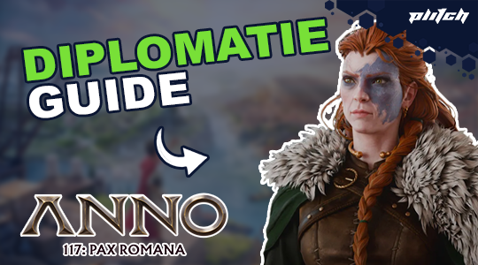 Eine Frau mit rotem geflochtenem Haar und Pelzkragen trägt eine braune Rüstung. Daneben steht der Text 'DIPLOMATIE GUIDE' und 'ANNO 117: PAX ROMANA'.