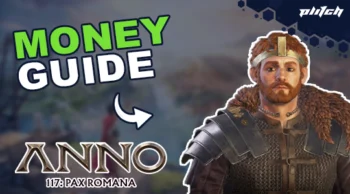A game character in armor and fur cloak next to the text 'MONEY GUIDE' and 'ANNO 117: PAX ROMANA'.