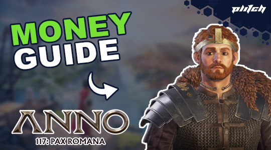 A game character in armor and fur cloak next to the text 'MONEY GUIDE' and 'ANNO 117: PAX ROMANA'.