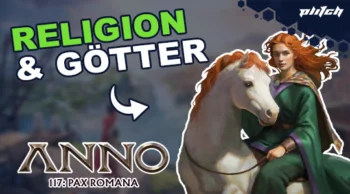 Eine Person mit roten Haaren in grüner Kleidung sitzt auf einem weißen Pferd. Text: 'RELIGION & GÖTTER', 'ANNO 117: PAX ROMANA'.