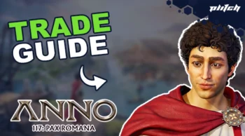 Man with brown curly hair and red cloak against blurred background, next to text 'TRADE GUIDE' and 'ANNO 117: PAX ROMANA'.