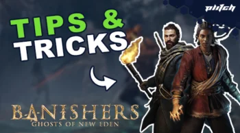 Two characters from the game 'Banishers: Ghosts of New Eden', one holding a torch, with the text 'TIPS & TRICKS' in green and white above.