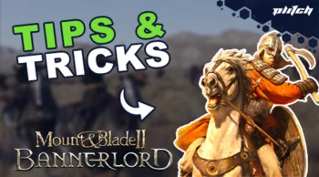Rider in orange armor on white horse next to text 'TIPS & TRICKS' and 'Mount & Blade II Bannerlord'.