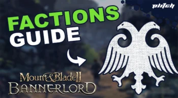 White stylized eagle with spread wings on dark background, above green text 'FACTIONS' and white text 'GUIDE', below gold text 'Mount & Blade II Bannerlord'.