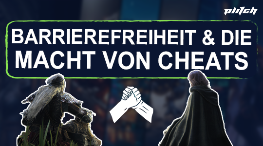 Text 'Barrierefreiheit & die Macht von Cheats' mit zwei Figuren, die sich die Hände reichen