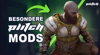 Person in Rüstung mit verdecktem Gesicht neben dem Text 'BESONDERE PLITCH MODS' und grünem Pfeil auf dunklem Hintergrund
