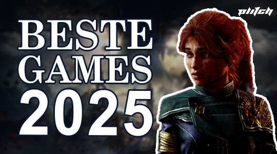 Text 'BESTE GAMES 2025' links, rechts eine Figur mit rotem Haar und Rüstung, Gesicht unscharf.