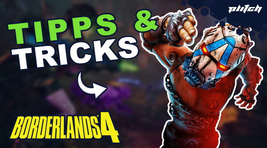 Ein Charakter mit einer blauen Maske und mechanischen Teilen zeigt eine aggressive Pose. Text: 'TIPPS & TRICKS' und 'BORDERLANDS 4'.