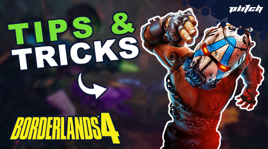 A game character with a blue mask and a mechanical arm is in a fighting pose. Text: 'TIPS & TRICKS' and 'BORDERLANDS 4'.