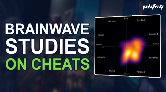 Heatmap showing brainwave activity with emotions like nervous, excited, amused, satisfied, relaxed, bored, unhappy, upset, and active versus passive axes, titled 'Brainwave Studies on Cheats'