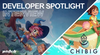 Developer Spotlight Interview text over artwork of a pink-haired witch flying with a broomstick and a character in a boat with a pink creature, featuring logos for PLITCH and Chibig