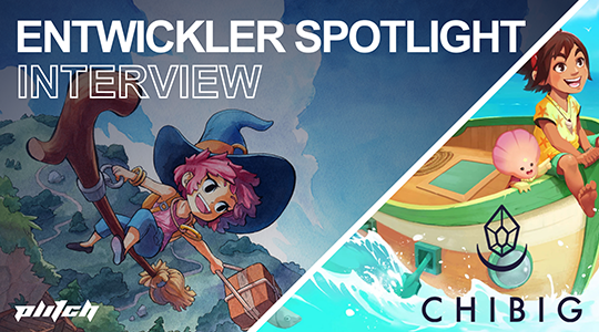 Illustration einer jungen Hexe mit rosa Haaren und blauem Hut fliegt auf einem Besen über Wasser mit Boot und Logo 'CHIBIG', Text 'Entwickler Spotlight Interview'