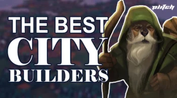 A bearded character wearing a hood and holding a staff stands next to the text 'THE BEST CITY BUILDERS' in large capital letters.