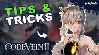 Character wearing a fur cloak and glowing chest ornament against a blurred background with text 'TIPS & TRICKS' and the title 'CODE VEIN II'