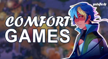 Illustration of a person with blue hair and a hooded jacket in front of a blurred background with the text 'COMFORT GAMES' in large letters.
