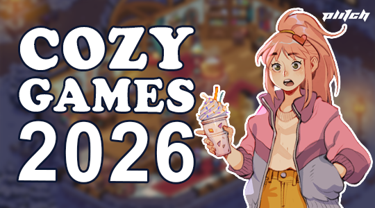 Illustration of a person with hair tied up holding a cup with whipped cream and a straw next to the text 'COZY GAMES 2026' in large letters.