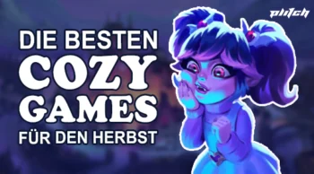 Illustration eines Mädchens mit Zöpfen und großen Augen vor dunklem Hintergrund neben dem Text 'DIE BESTEN COZY GAMES FÜR DEN HERBST'