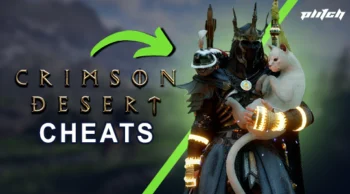 A character in dark armor holding a white cat next to the text 'CRIMSON DESERT CHEATS' with a green arrow pointing at the text