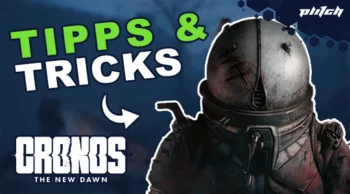 Ein Raumanzugträger mit beschädigtem Helm und sichtbaren Kratzern. Text: 'TIPPS & TRICKS' und 'CRONOS: THE NEW DAWN'.