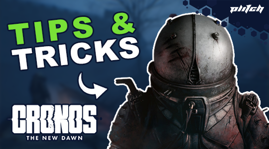A character in a helmet with a dark, weathered suit, facing left. Text reads 'TIPS & TRICKS' and 'CRONOS THE NEW DAWN'.