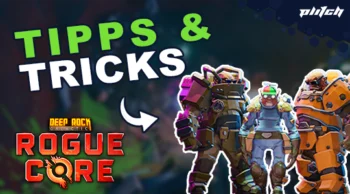 Drei Spielfiguren in futuristischer Rüstung vor dunklem Hintergrund mit dem Text 'TIPPS & TRICKS' und dem Logo 'DEEP ROCK ROGUE CORE'