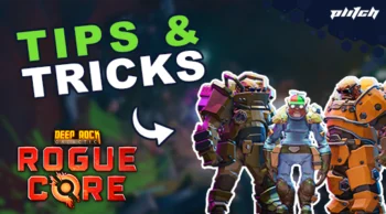 Three game characters in futuristic armor against a dark background with the text 'TIPS & TRICKS' and the logo 'DEEP ROCK ROGUE CORE'