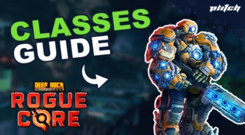 A heavily armored character holding a large glowing energy sword stands to the right of the text 'CLASSES GUIDE' and the 'DEEP ROCK ROGUE CORE' logo on a dark background
