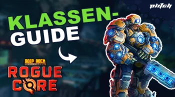 Ein schwer gepanzerter Charakter mit einem großen, leuchtenden Energieschwert steht rechts neben dem Text 'KLASSEN-GUIDE' und dem Logo 'DEEP ROCK ROGUE CORE' auf dunklem Hintergrund