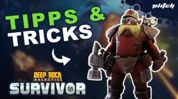 Ein Charakter aus dem Spiel 'Deep Rock Galactic Survivor' in roter Rüstung mit verschiedenen Waffen. Text: 'TIPS & TRICKS'.