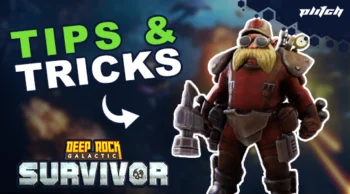 A character from the game 'Deep Rock Galactic Survivor' in red armor with various weapons. Text: 'TIPS & TRICKS'.
