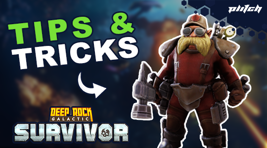 A character from the game 'Deep Rock Galactic Survivor' in red armor with various weapons. Text: 'TIPS & TRICKS'.