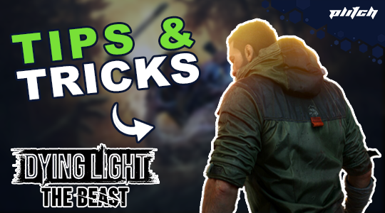 A man in a gray hoodie stands with his back to the camera. A blurred scene from the game 'Dying Light The Beast' is in the background. Text: 'TIPS & TRICKS' and 'DYING LIGHT THE BEAST'.