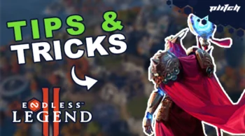 Text 'TIPS & TRICKS' in green and white letters, arrow pointing to a game character wearing a red cloak and blue helmet, 'ENDLESS LEGEND II' logo.