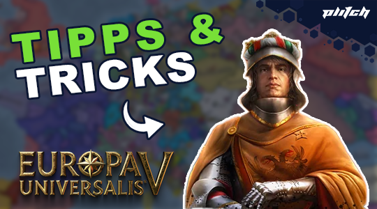 Figur in mittelalterlicher Rüstung mit orangefarbenem Umhang neben dem Text 'TIPS & TRICKS' und dem Logo von Europa Universalis V.