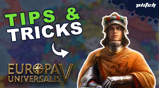Medieval armored figure with orange cloak next to the text 'TIPS & TRICKS' and the Europa Universalis V logo.