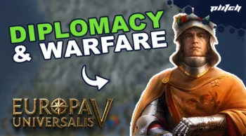 Knight in golden armor with helmet and cloak next to the text 'DIPLOMACY & WARFARE' and the 'Europa Universalis V' logo.