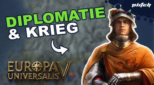 Ritter in goldener Rüstung mit rotem Wappen, daneben der Text 'DIPLOMATIE & KRIEG' und das Logo von 'Europa Universalis V'.