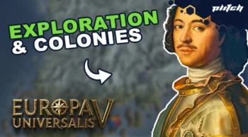 Portrait of a person in historical attire with golden armor and white neckcloth, next to the text 'EXPLORATION & COLONIES' and the 'EUROPA UNIVERSALIS V' logo.