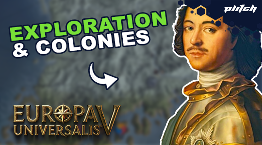 Portrait of a person in historical attire with golden armor and white neckcloth, next to the text 'EXPLORATION & COLONIES' and the 'EUROPA UNIVERSALIS V' logo.