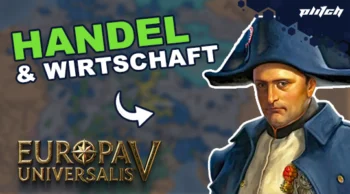 Porträt einer historischen Figur in blauem Mantel und Dreispitz, daneben der Text 'HANDEL & WIRTSCHAFT' und das Logo von Europa Universalis V.