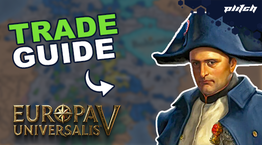 Figure in historical naval uniform with tricorne hat, next to the text 'TRADE GUIDE' and the Europa Universalis V logo.