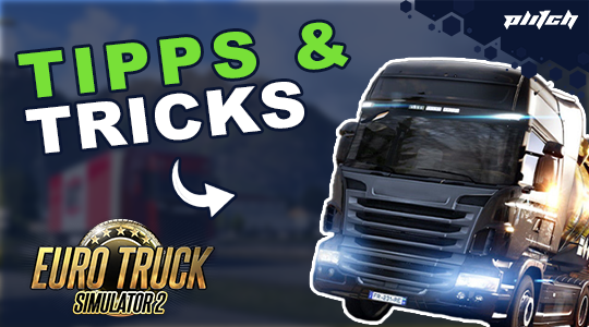LKW aus Euro Truck Simulator 2 mit Text 'Tipps & Tricks' und Spiel-Logo
